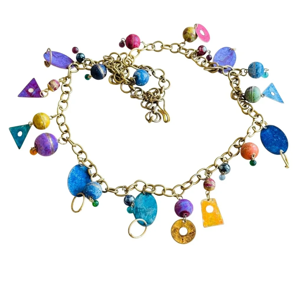 VTG BOHO Colorful Brass Chain Dangle Belt Necklace Cha‎ cha Glass Chunky Retro